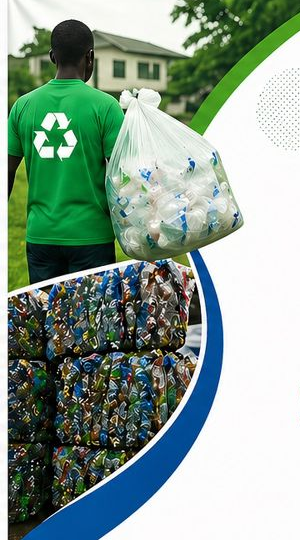 Flyer panel showing collected plastic bottles, a recovery worker, and baled plastic materials.