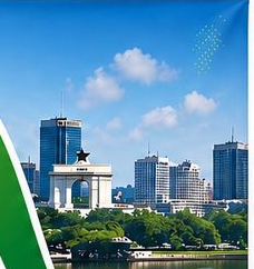 Flyer panel showing a Ghana city skyline tied to the EcoBridge Ghana launch campaign.