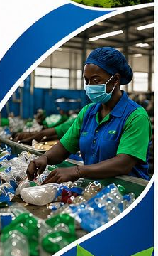 Flyer panel showing a worker sorting plastic materials in a recycling environment.