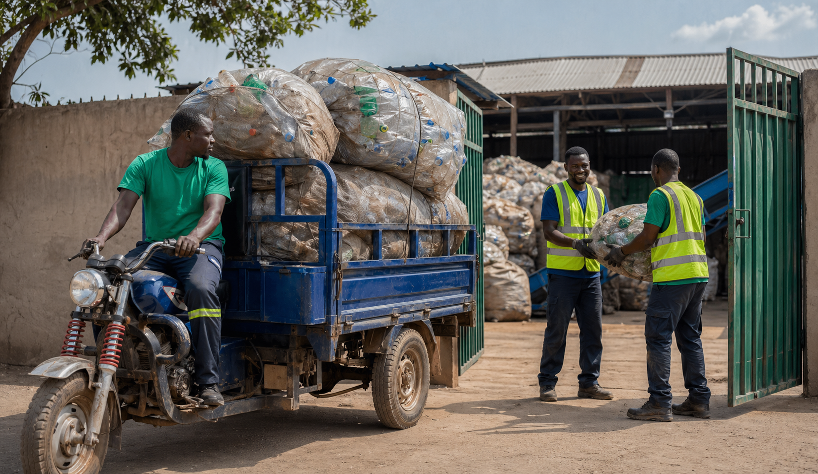Collected plastic waste being delivered to a recycling partner in Ghana.
