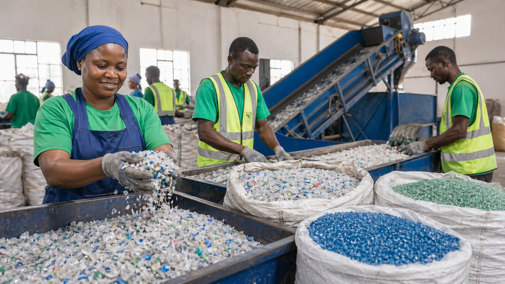 Recycled plastic material prepared for reuse in a Ghanaian processing environment.