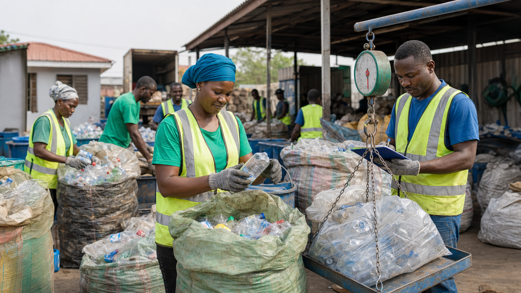 Workers in Ghana sorting and weighing plastic waste in a tidy recovery yard.