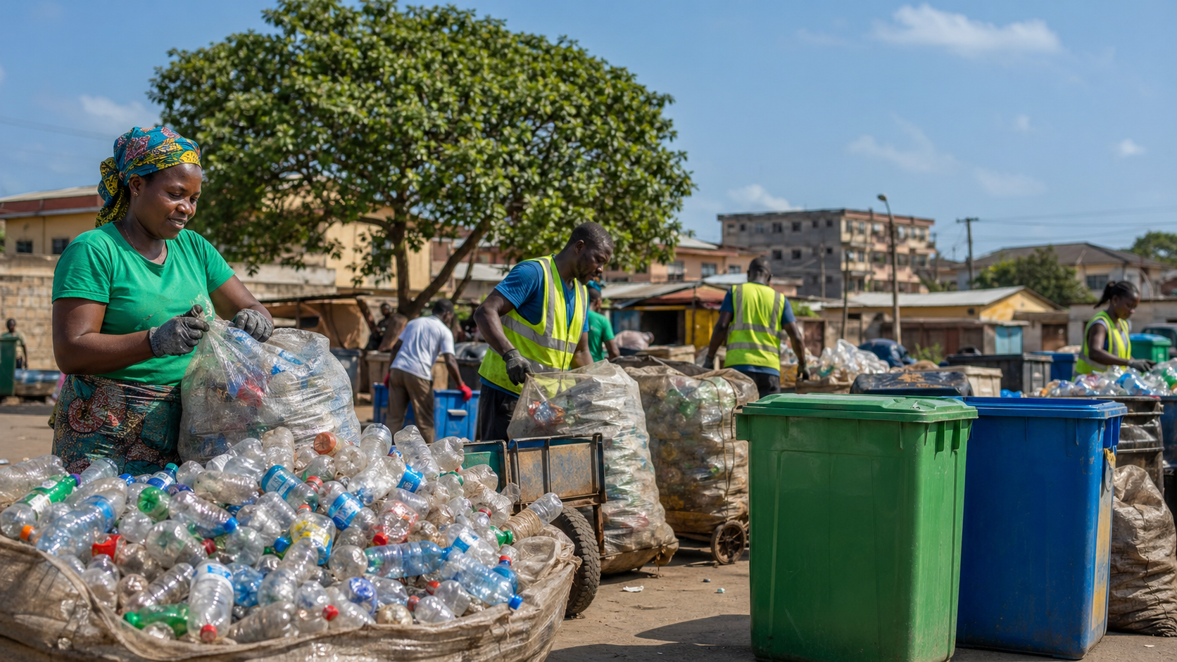 Plastic bottles and sachet waste gathered at a community collection point in Ghana.